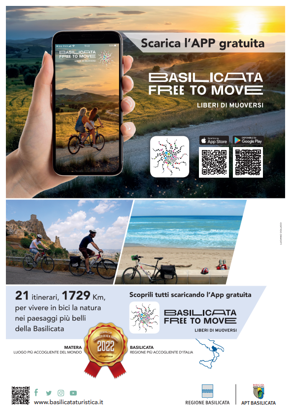 Pubblicità per l'app di viaggio Basilicata, che mostra ciclisti, spiagge e istruzioni per scaricare l'app.