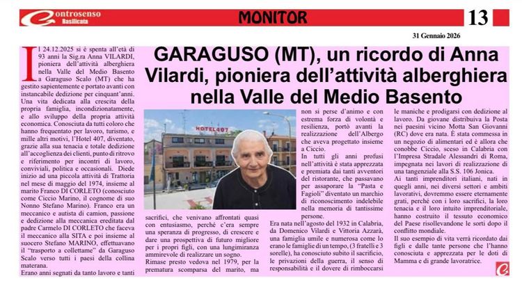 Articolo di giornale su Anna Vilardi, pioniera dell'attività alberghiera nella Media Valle del Basento. Include una sua foto.