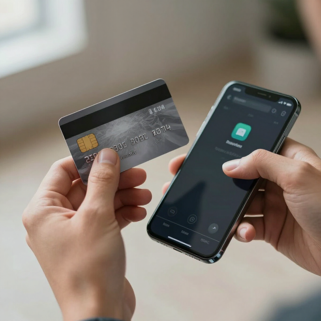 A person holding a gray credit card in one hand and a smartphone with a messaging app open in the other.