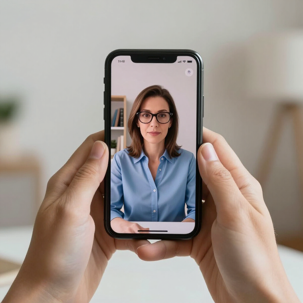 Hands holding a smartphone displaying a video call with a woman in a blue shirt in a brightly lit office setting.