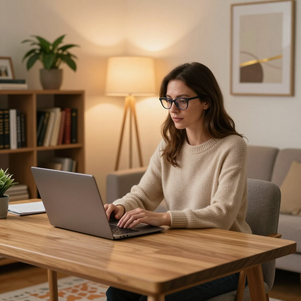 A person in a beige sweater typing on a laptop at a wooden desk in a home office with a bookshelf and floor lamp.