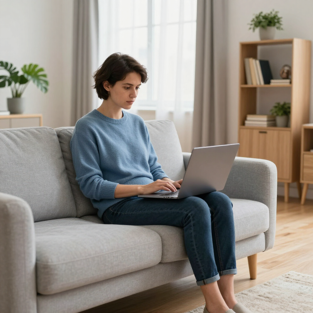 A person in a blue sweater sitting on a grey couch, working on a laptop in a bright, modern living room.