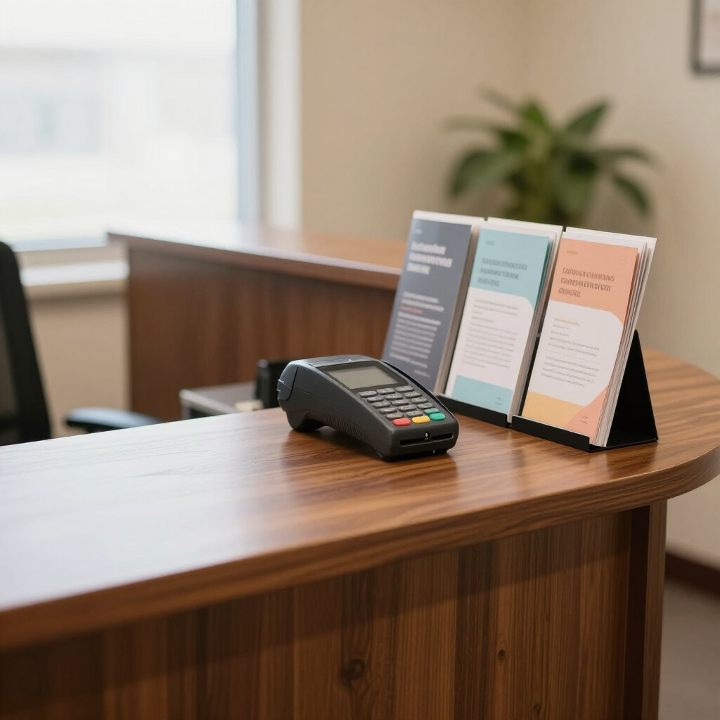 A payment terminal sits on a wooden reception desk next to a display of three informational brochures.