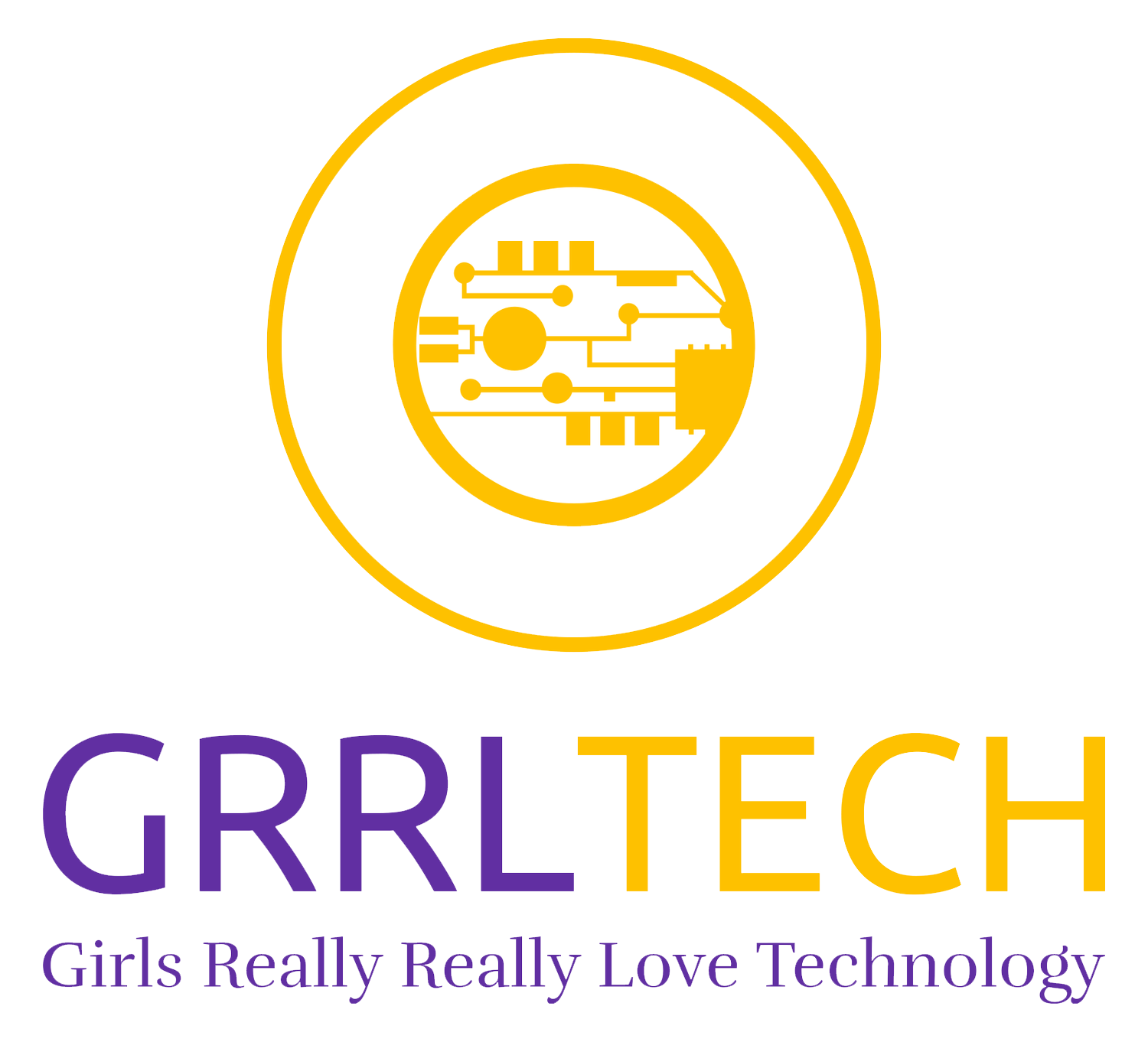 Logo for GRRLTECH: A circuit board graphic inside a gold circle above the text 