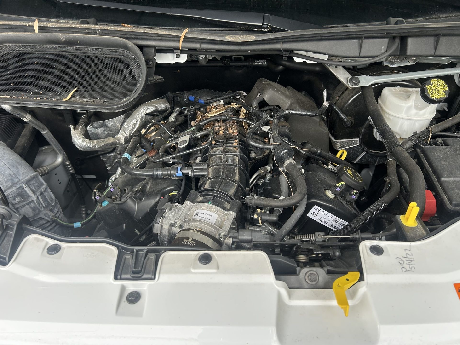 Car engine bay with severe fire damage and charred wiring under the hood