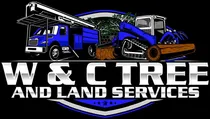 Logo for W & C Tree and Land Services featuring a blue utility truck and track loader above bold, silver-toned text.