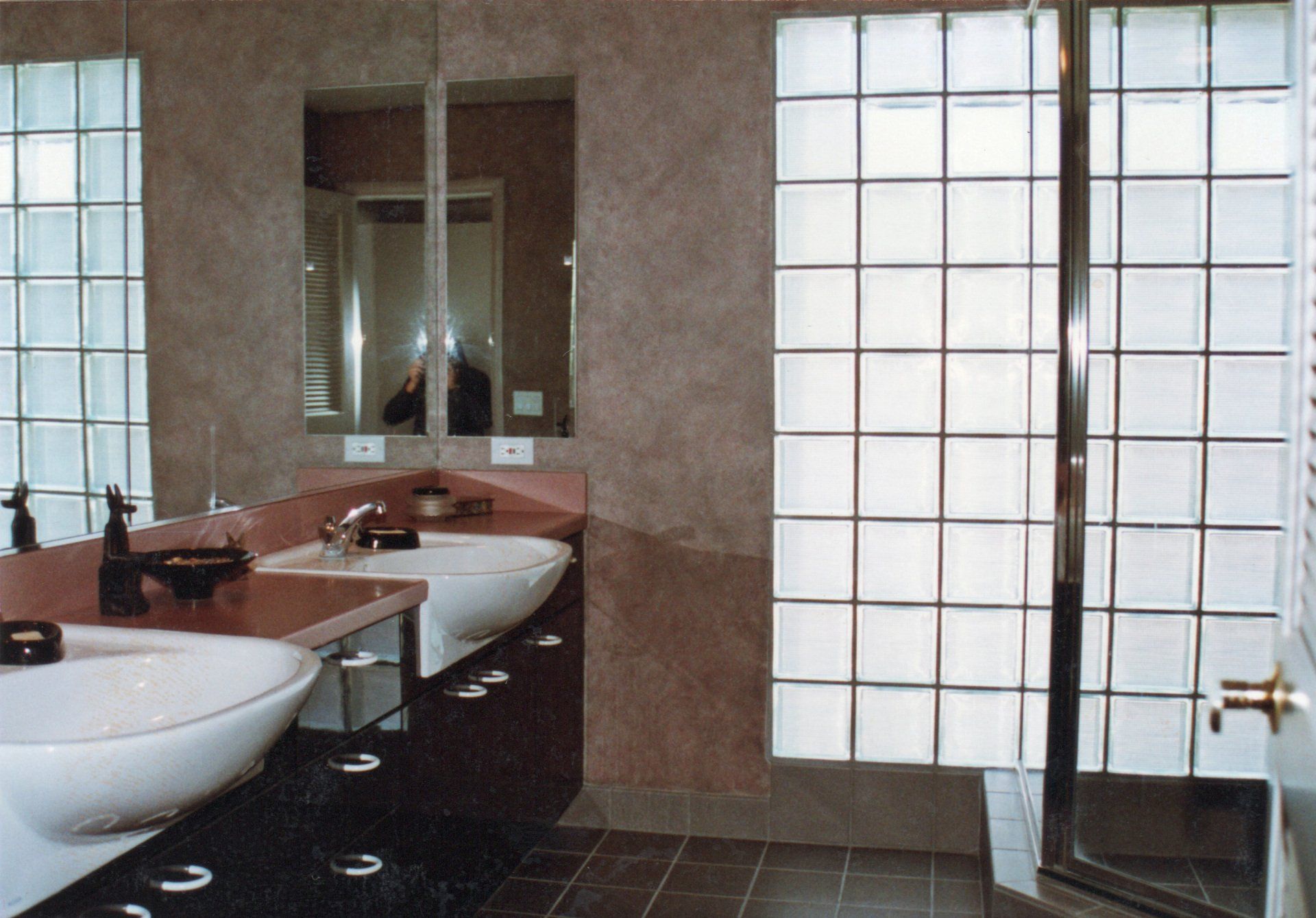A modern bathroom with two white pedestal sinks, dark cabinets, a mirror, and a glass block wall shower area.