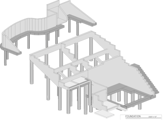 An isometric architectural drawing showing a concrete pier and beam foundation with columns and stair sections.