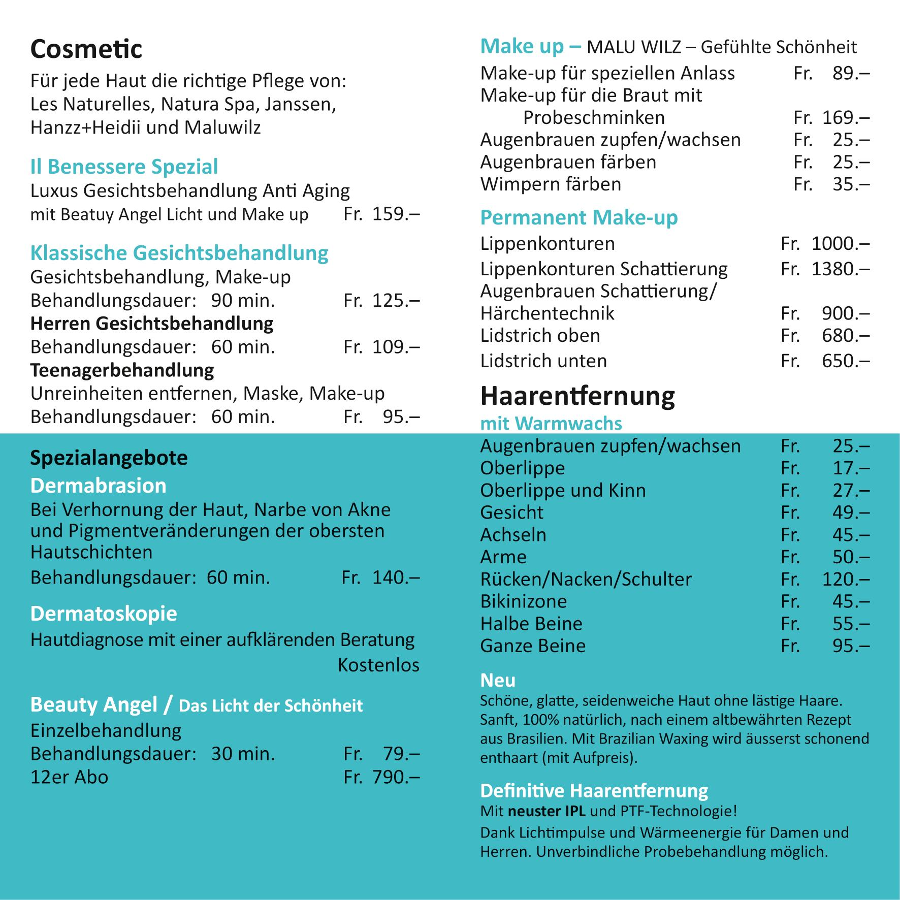 Ein Flyer für ein Schönheitssalon zeigt die Preise für Kosmetik und Permanent Make-up
