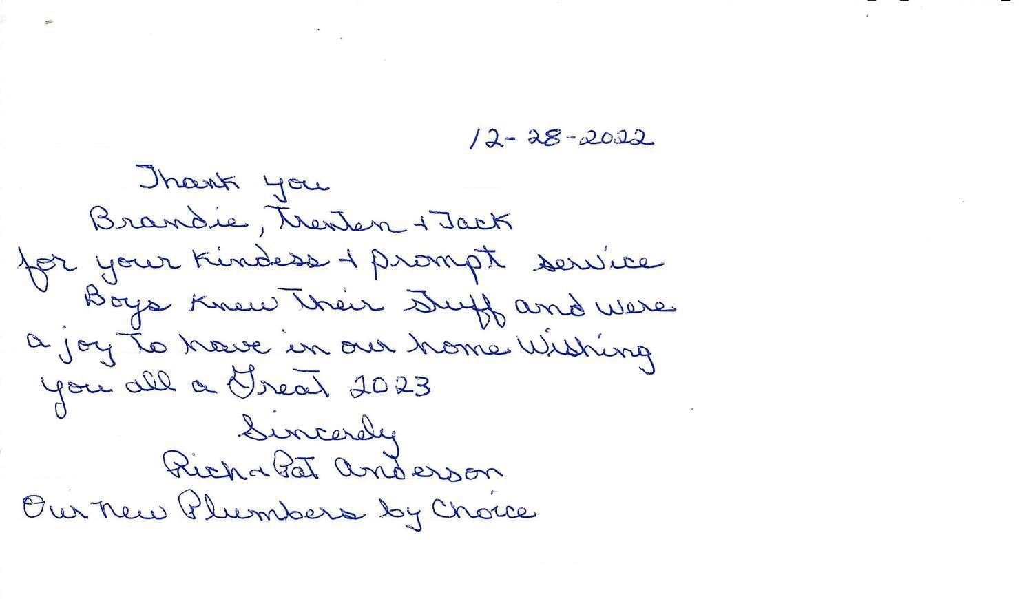 Note from customer
