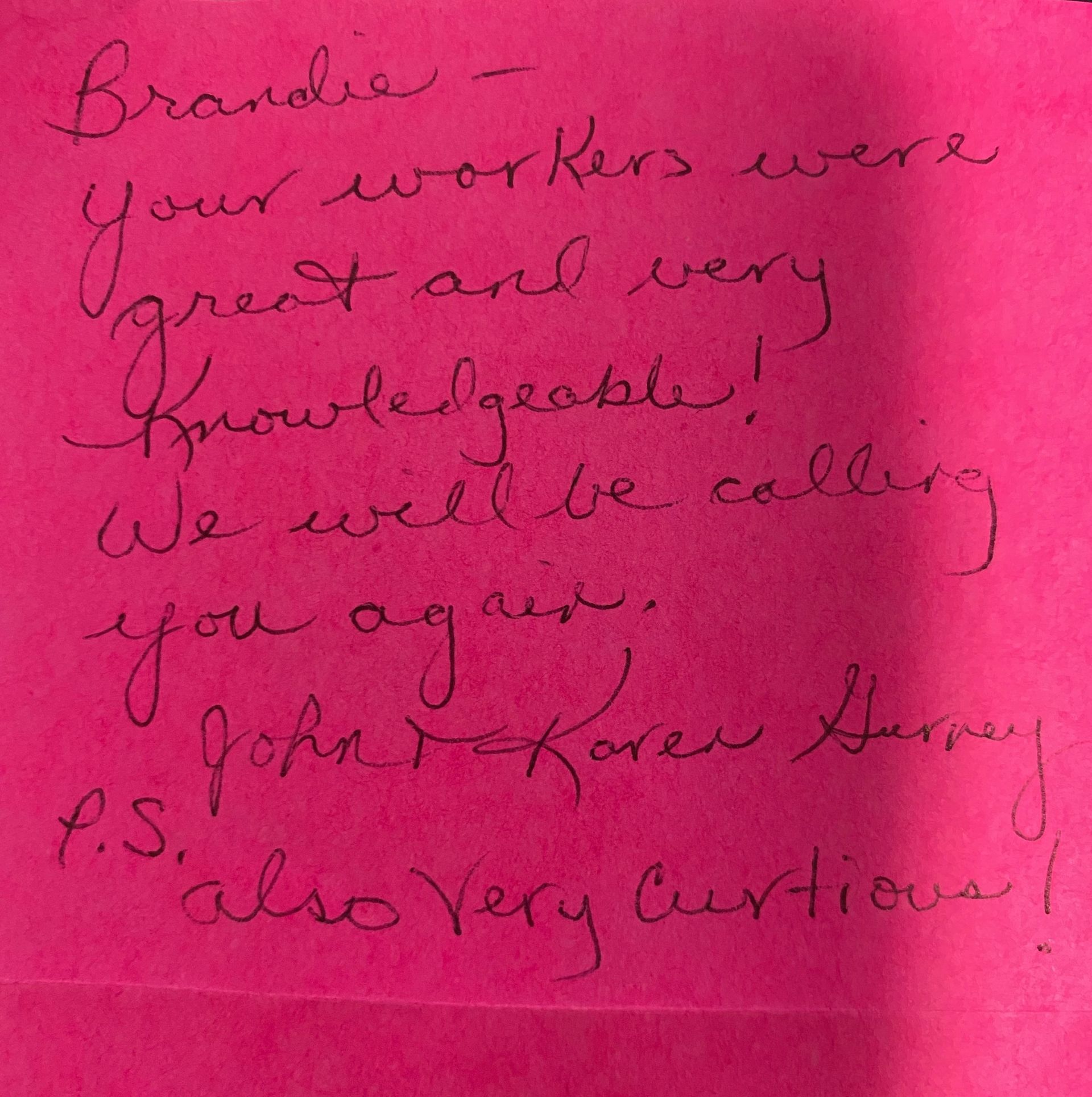 Note from customer
