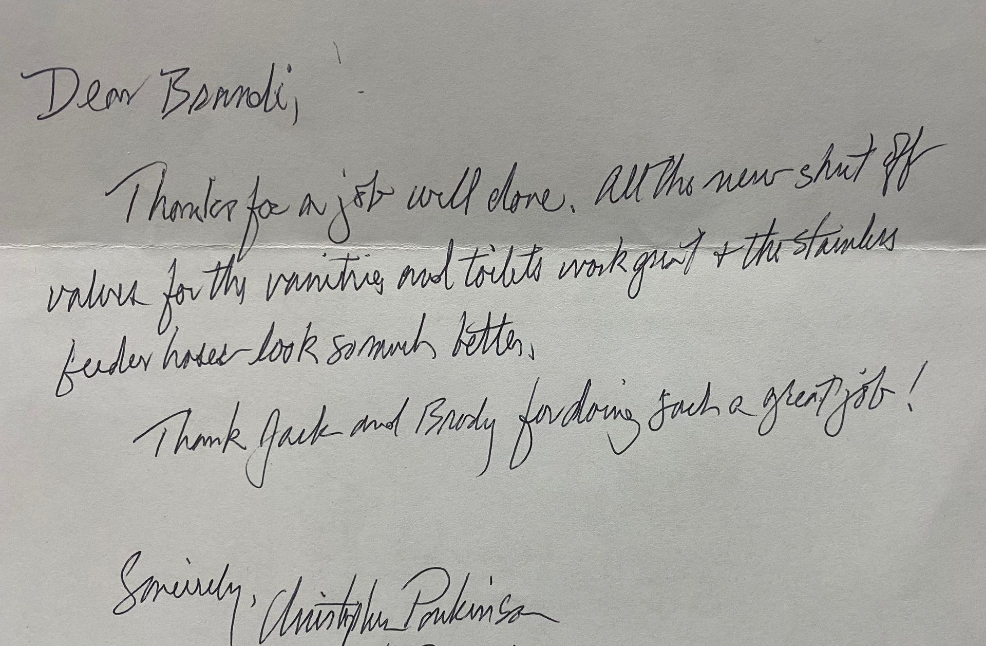 Note from customer