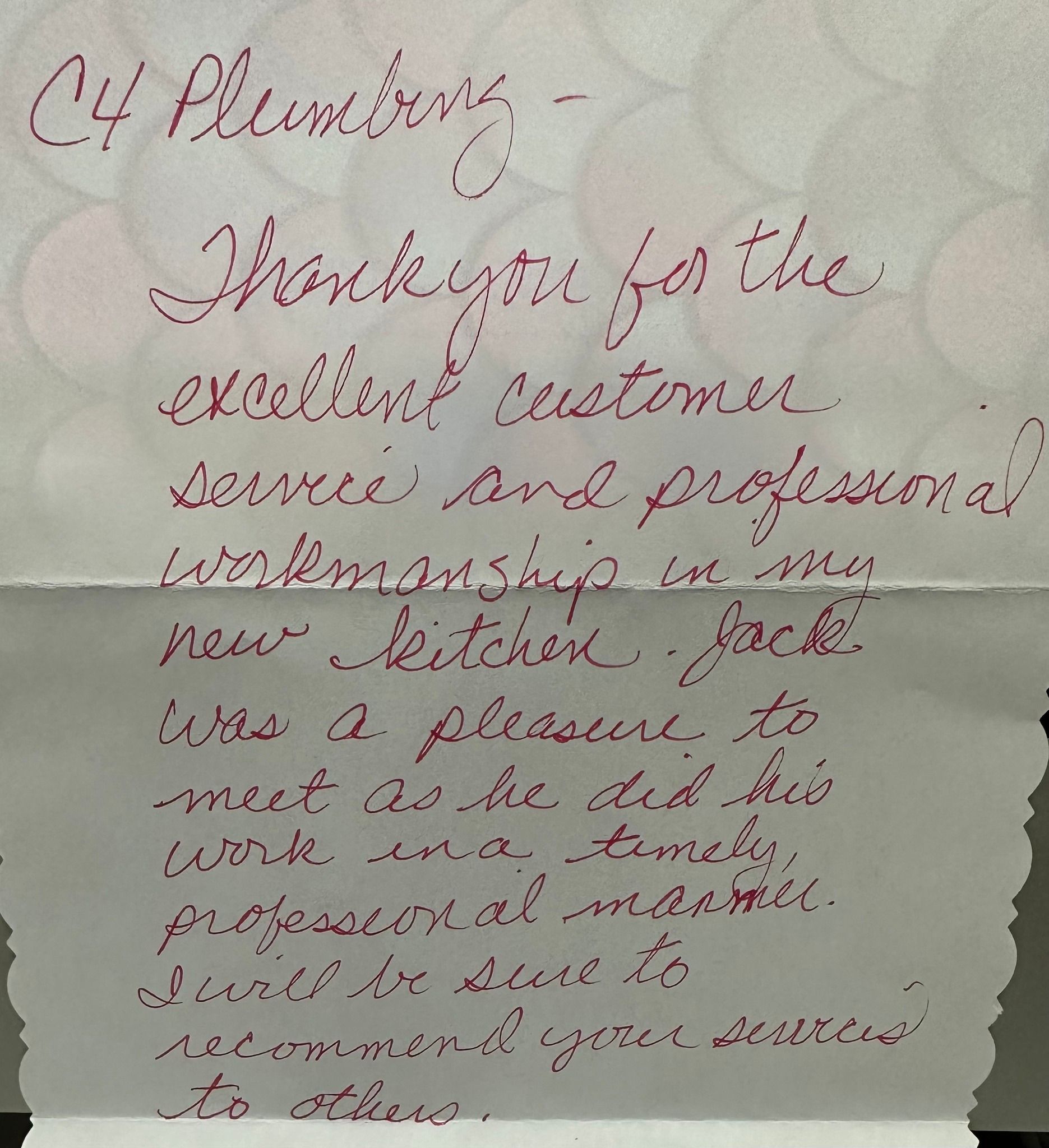 Note from customer