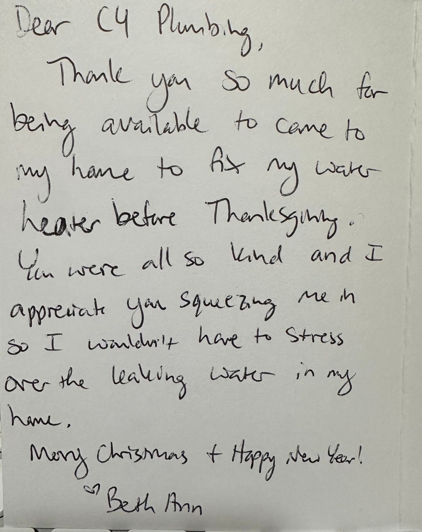 Note from customer