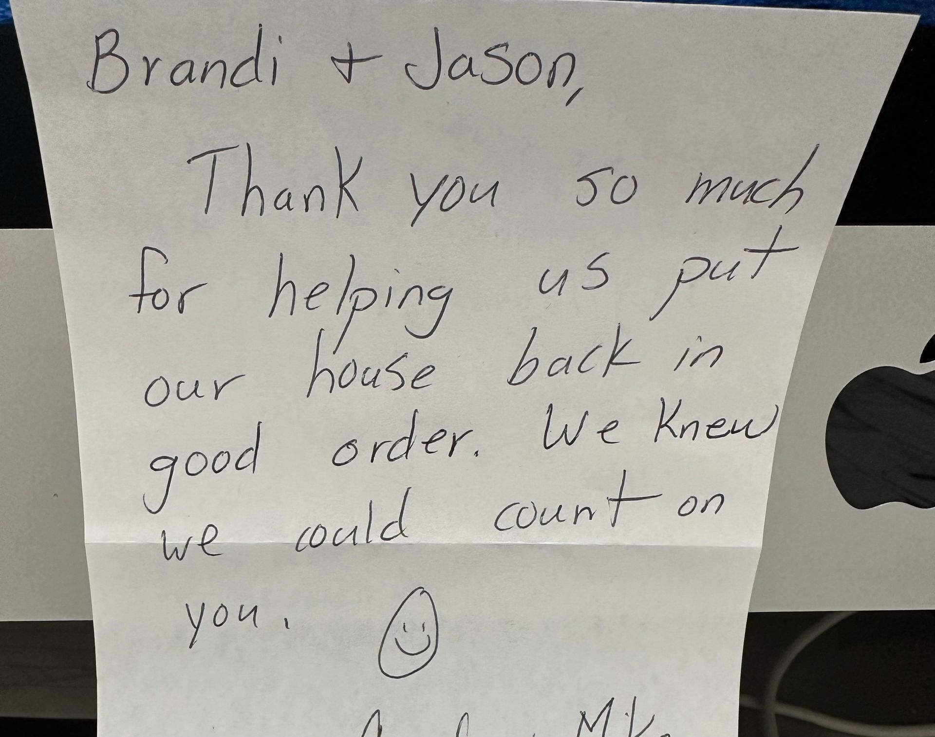 Note from customer