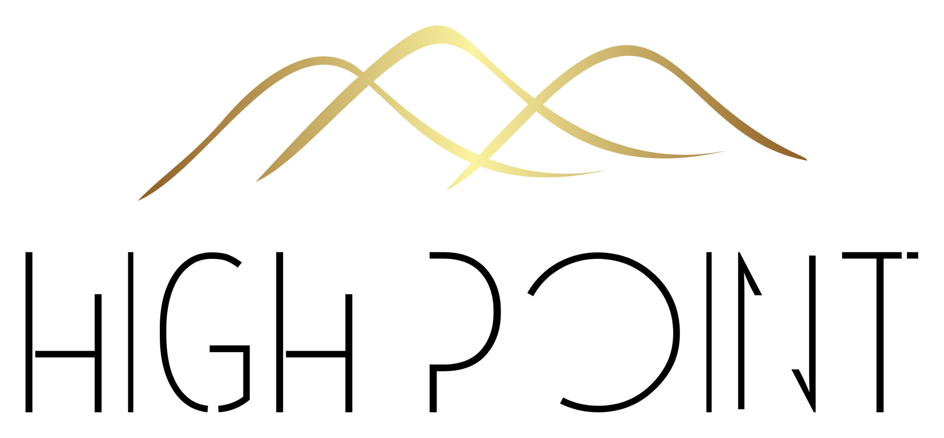 Logo featuring stylized gold mountains above the words