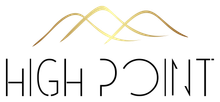 Logo featuring stylized gold mountains above the words