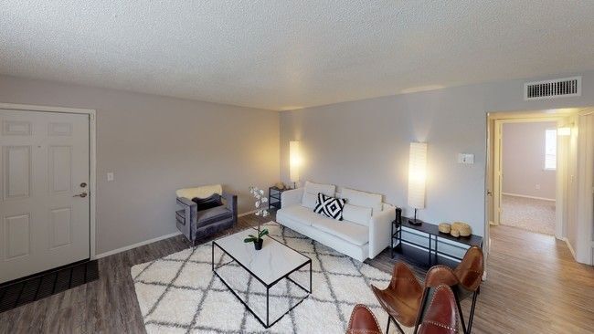 Living room with white couch, patterned rug, and modern furniture.