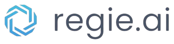 A logo for regie.ai with a blue hexagon on a white background.