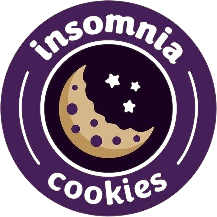 The logo for insomnia cookies shows a crescent moon with stars on it.