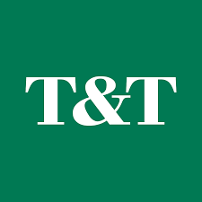 The logo for t & t is white on a green background.