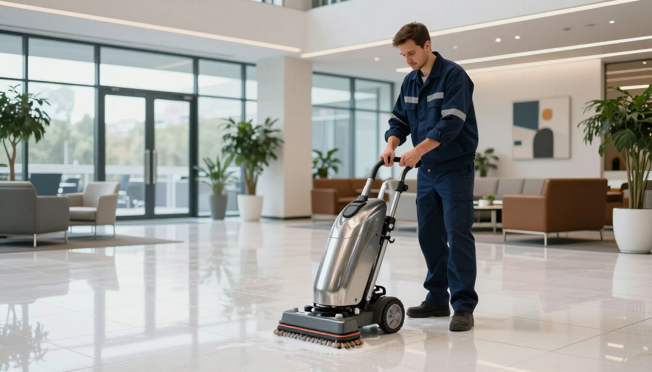 Professional floor cleaning technician working on commercial tile floor