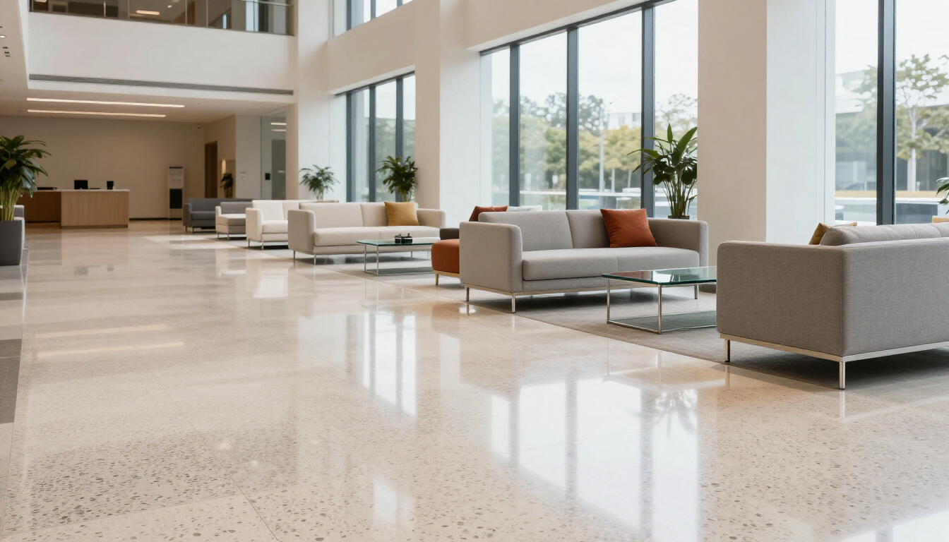 Modern commercial lobby with high gloss terrazzo floors
