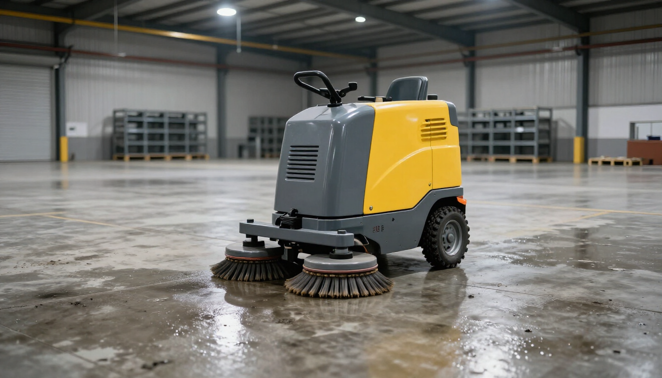 Professional floor scrubbing machine cleaning large warehouse