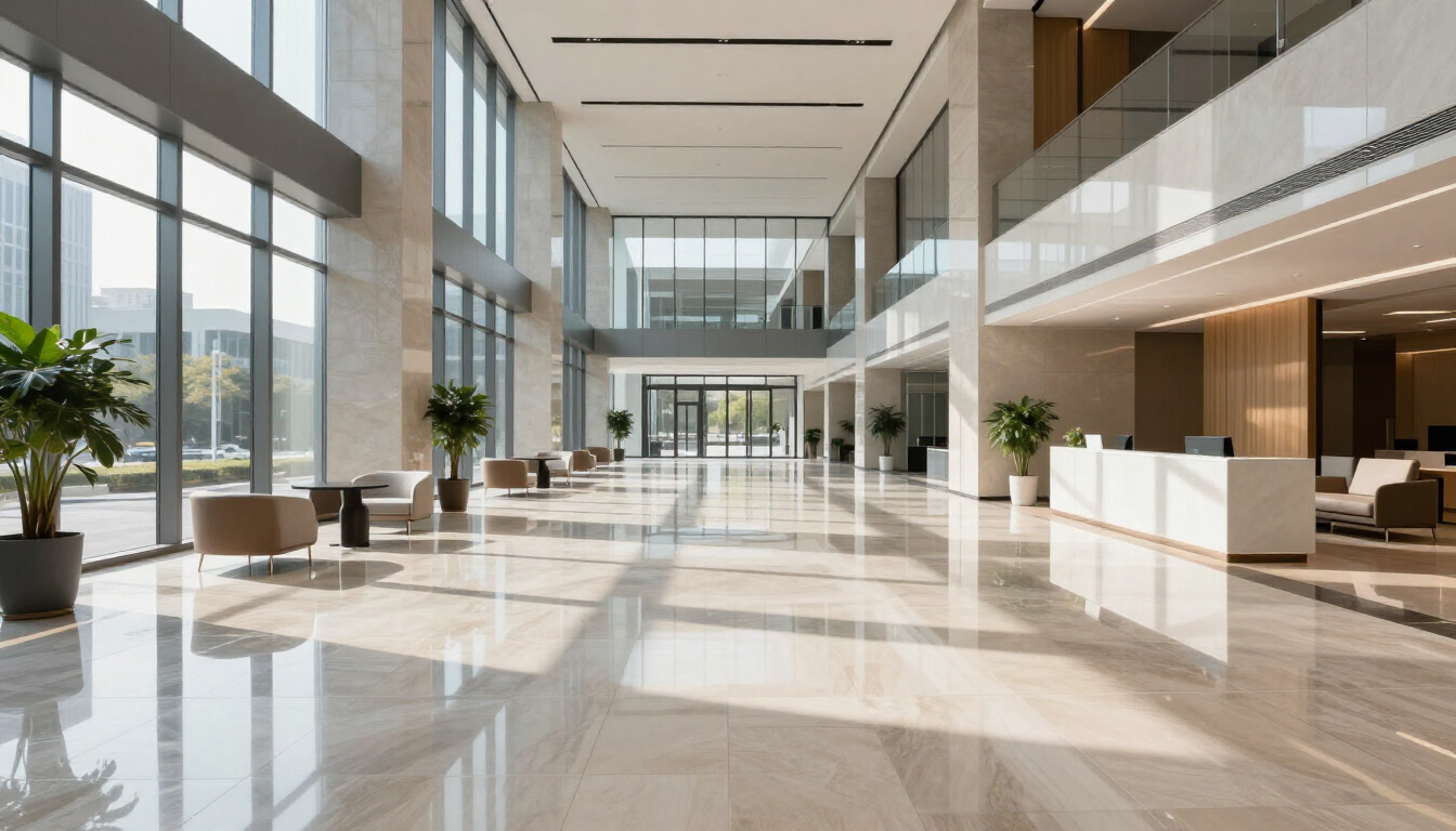 Reflective commercial stone floor in a modern lobby.
