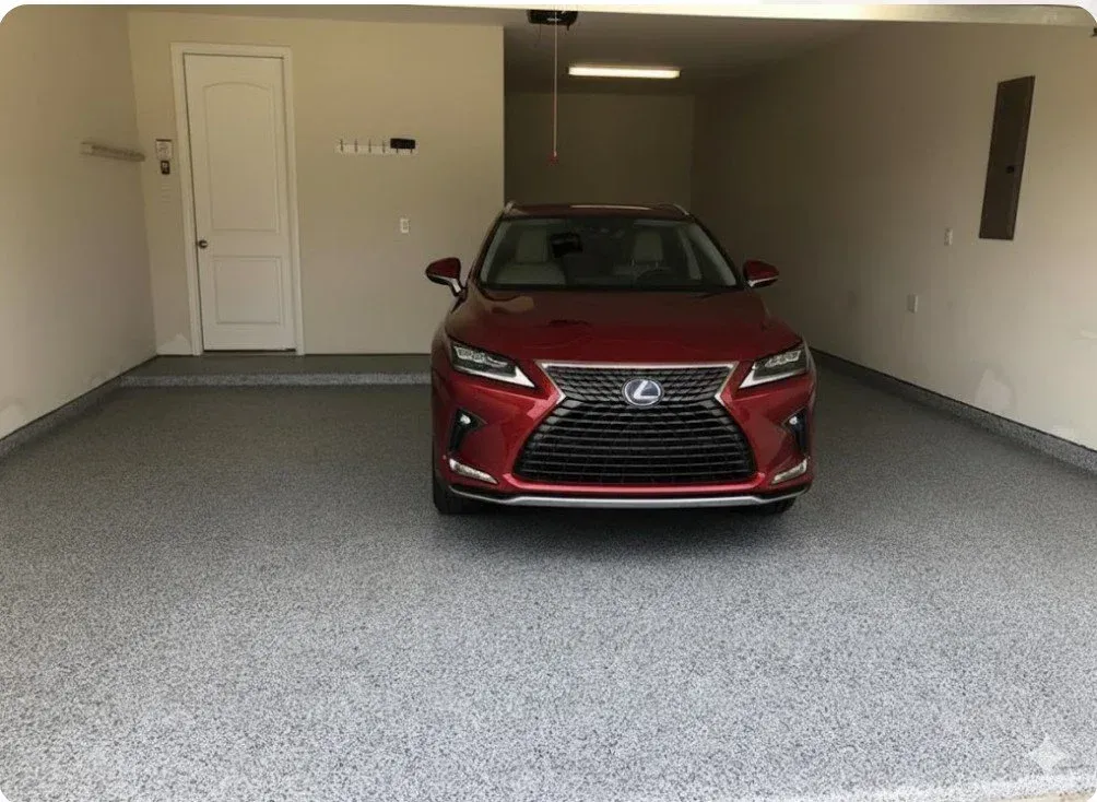 Red Lexus parked in a garage with a closed white door on the left and beige walls.
