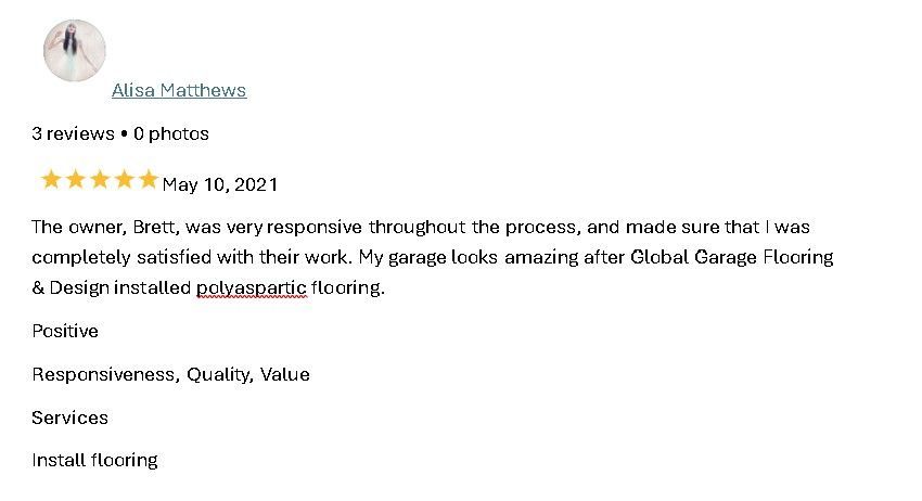 5-star product review praising a quality, white dress from Global Gowns Studio in a testimonial screenshot