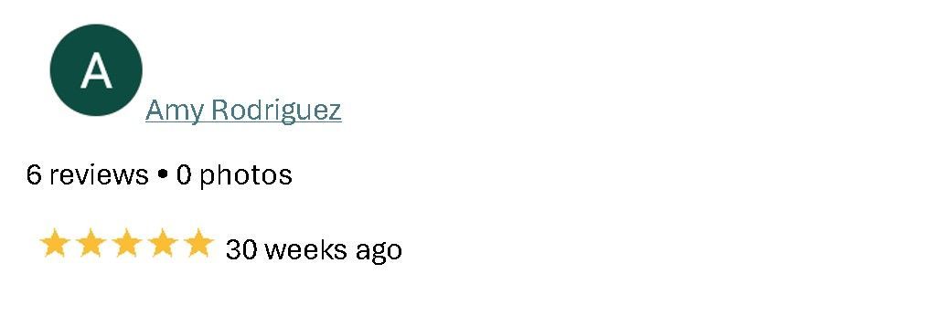 Review snippet with a green avatar, 5-star rating, 6 reviews, and 30 weeks ago.