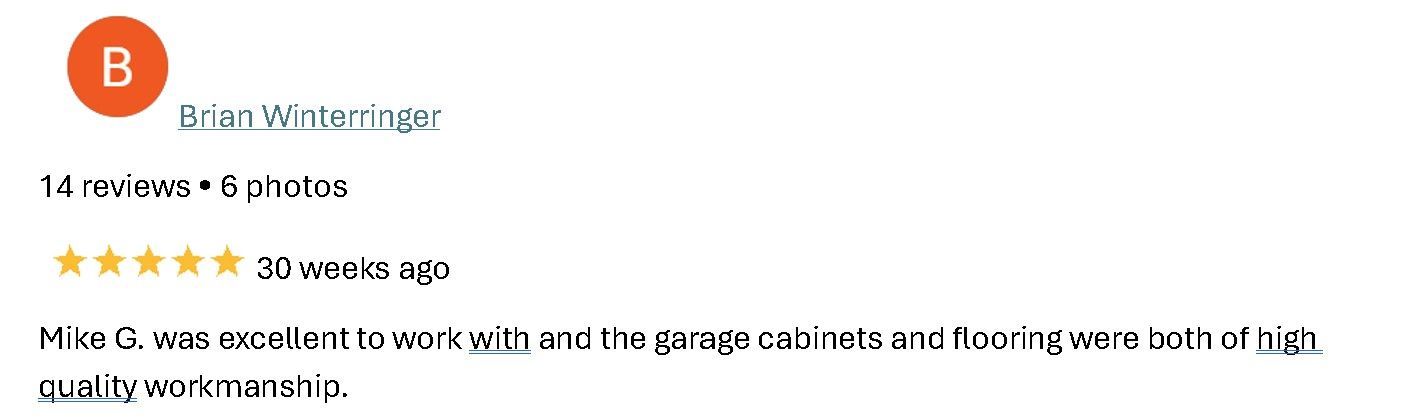 Review snippet with orange “B” icon, 5-star rating, and a short review about garage conditions and cleanliness.