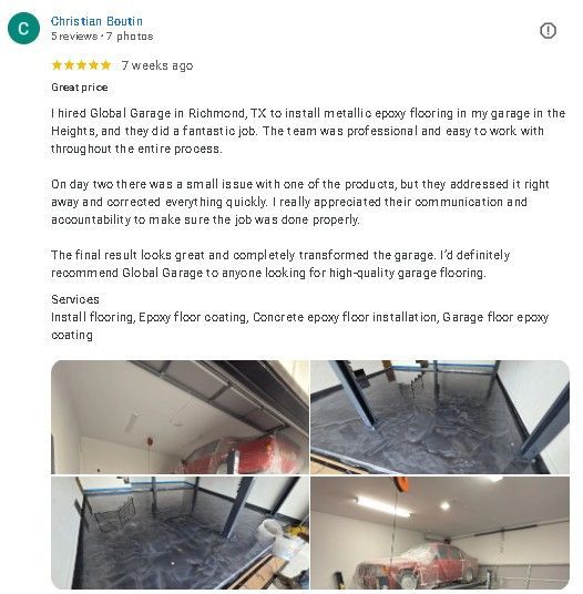 Garage conversion review screenshot with five-star rating, of a finished metal ceiling and floor coating