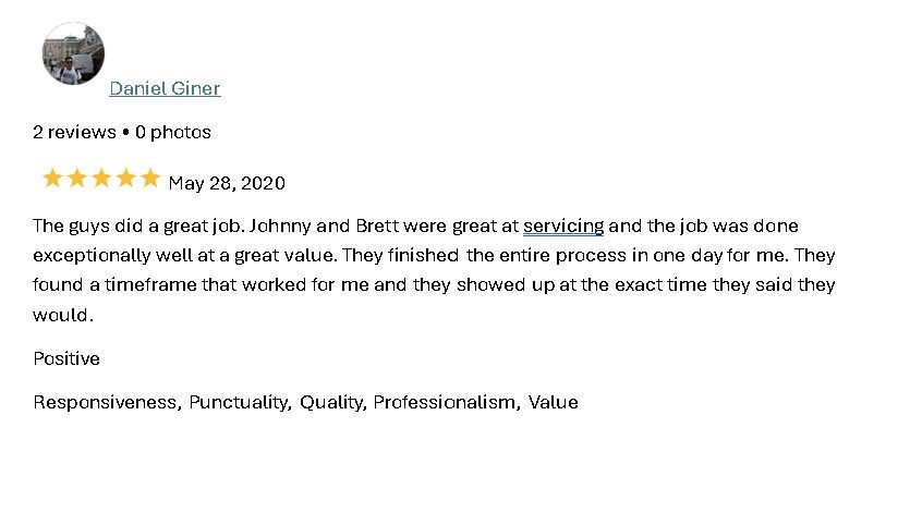 Google review screenshot with 5-star rating and positive review text by Daniel Dinar, dated May 26, 2020
