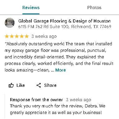 Google review screenshot for Global Garage Flooring & Design of Houston praising an epoxy garage floor install