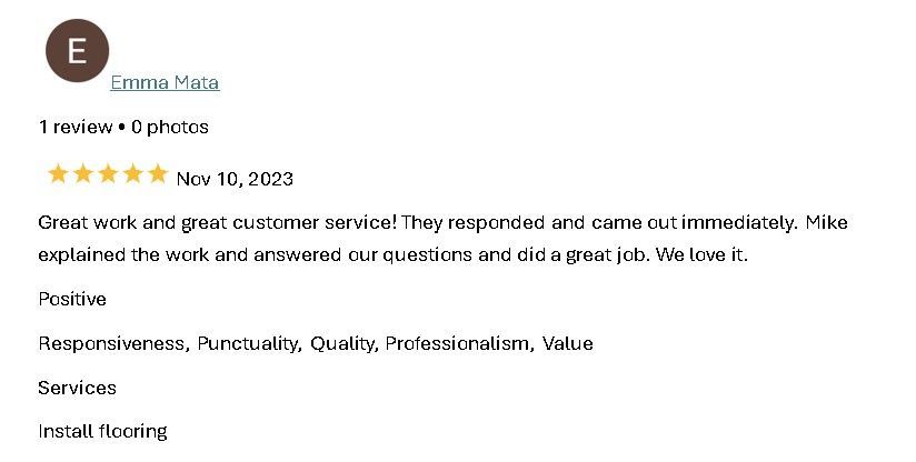 Customer review card with 5-star rating, dated Nov. 10, 2023, praising service and listing install fencing.