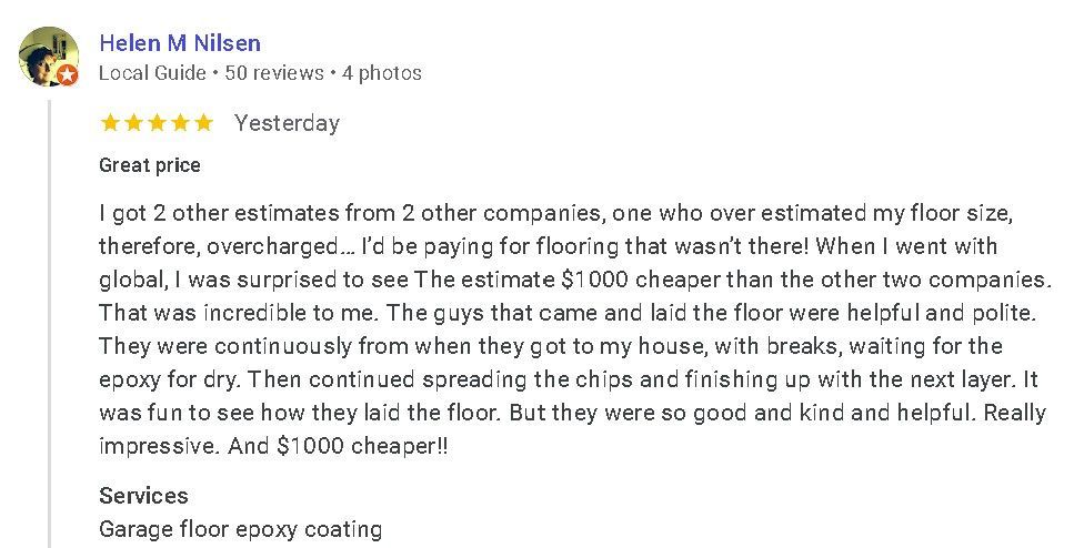 Screenshot of a 5-star customer review praising service and crew for an epoxy coating estimate and work.