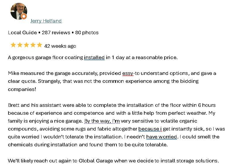 5-star review text praising accurate garage floor installation and clean, professional work
