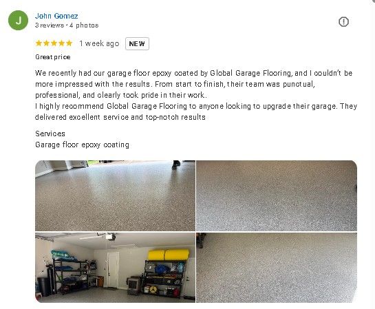 Review post showing garage ceiling with white spray paint texture and three comparison photos of garage area