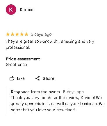 Customer review screenshot praising professionalism and price assessment, with a business reply thanking them.