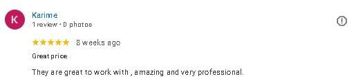 Review snippet with 5-star rating and text praising professionalism.