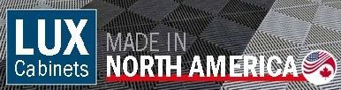 LUX Cabinets logo with “Made in North America” banner and small maple leaf emblem