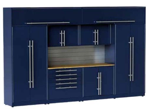A sleek blue ProSlat LUX cabinet system featuring tall storage, drawers, and a live edge wood worktop, designed by Global Garage Flooring & Design for maximum garage efficiency and style.