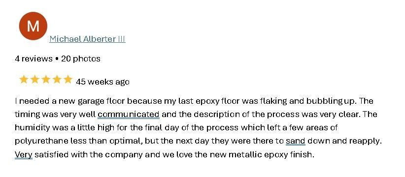 Google review screenshot with 5-star rating and a short positive testimonial about company service and meals
