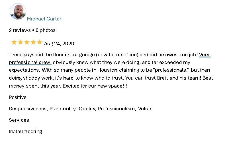 Google review screenshot praising garage door repair, with 5-star rating and thank-you note.