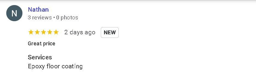 Google review snippet showing Nathan’s 5-star rating, “Best price,” and “Services: Epoxy floor coating”