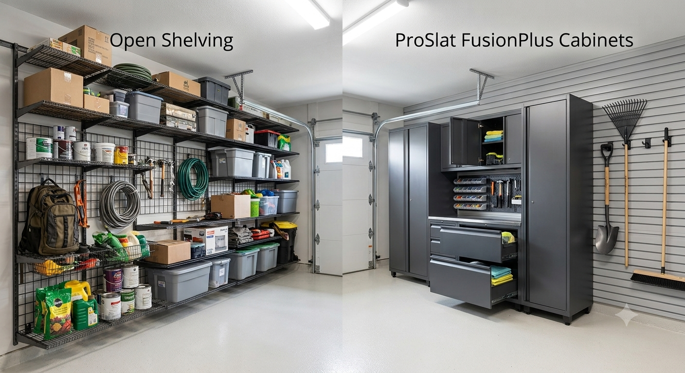 Comparison of open shelving versus custom garage cabinets