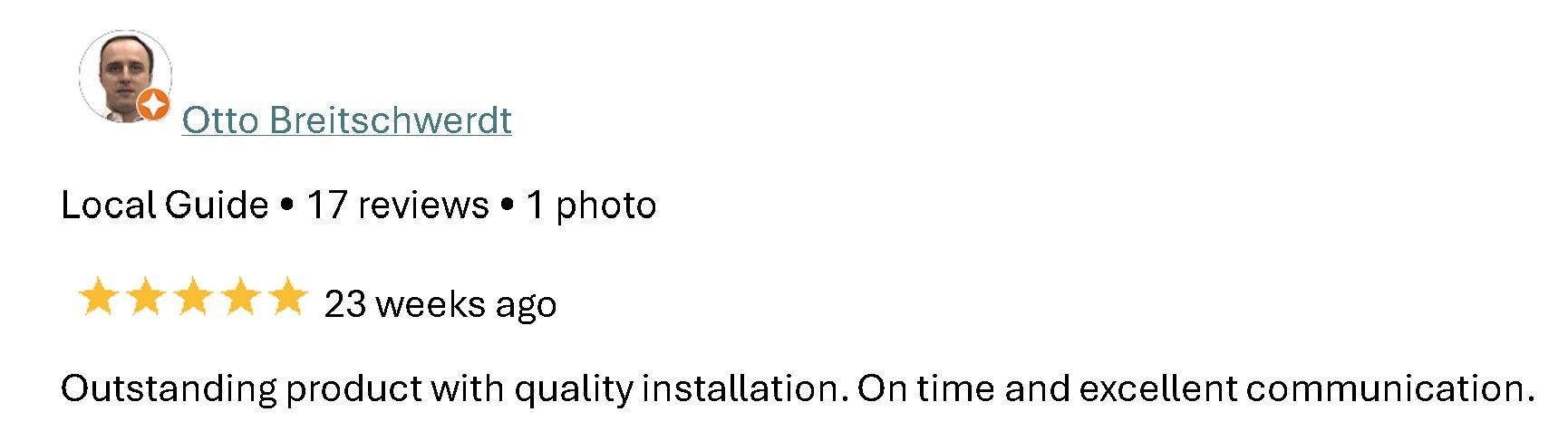 Google review snippet with five-star rating, profile photo, and text praising quality installation and start conversation.