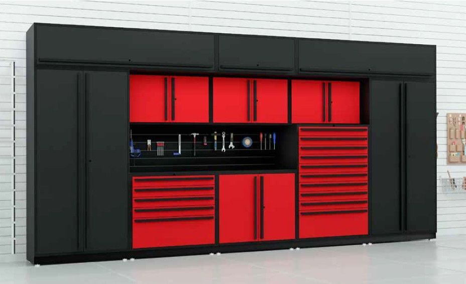 A bold black and red ProSlat FusionPlus cabinet system featuring upper storage, tall cabinets, and a tool wall for a clean, professional garage setup.  Design services and ProSlat cabinets available at Global Garage Flooring & Design of Houston.